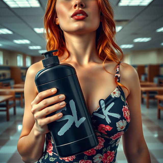 A close-up shot of a gorgeous female redhead, showcasing her elegantly adorned chest and torso