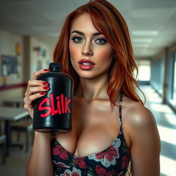 A close-up portrait of a gorgeous female redhead with striking features, wearing a floral pattern sundress that highlights her large chest and subtle cleavage