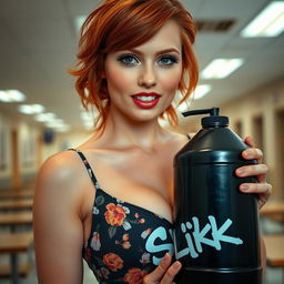A close-up portrait of a gorgeous female redhead with striking features, wearing a floral pattern sundress that highlights her large chest and subtle cleavage