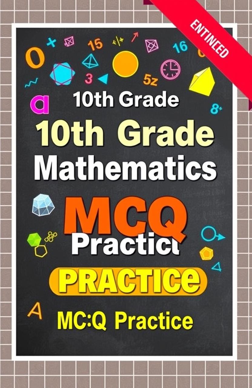 A vibrant and engaging cover design for a 10th-grade mathematics MCQ book, featuring colorful illustrations of geometric shapes, numbers, and mathematical symbols