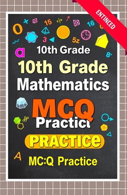 A vibrant and engaging cover design for a 10th-grade mathematics MCQ book, featuring colorful illustrations of geometric shapes, numbers, and mathematical symbols