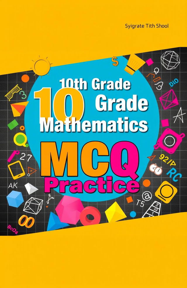 A vibrant and engaging cover design for a 10th-grade mathematics MCQ book, featuring colorful illustrations of geometric shapes, numbers, and mathematical symbols