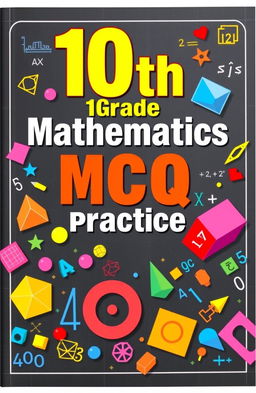 A vibrant and engaging cover design for a 10th-grade mathematics MCQ book, featuring colorful illustrations of geometric shapes, numbers, and mathematical symbols