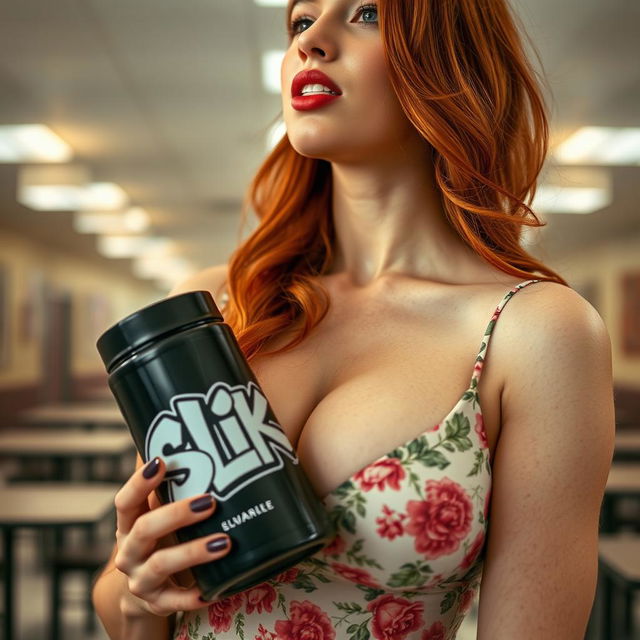 A stunning close-up portrait of a beautiful redhead woman in a floral pattern sundress, showcasing her large chest and tasteful cleavage