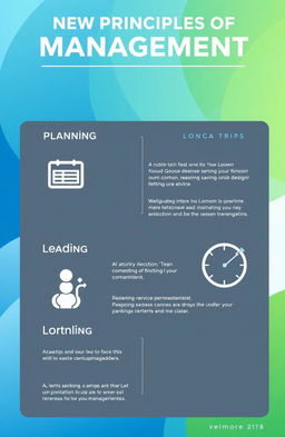 A detailed and visually engaging infographic showcasing the key principles of management, including Planning, Organizing, Leading, and Controlling