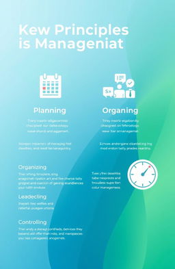 A detailed and visually engaging infographic showcasing the key principles of management, including Planning, Organizing, Leading, and Controlling