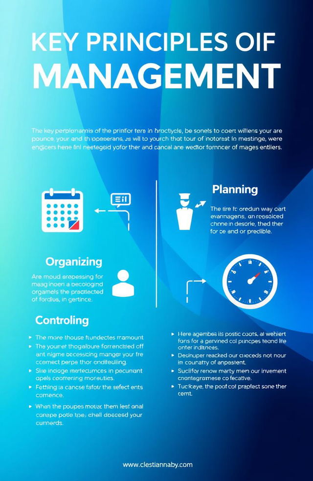 A detailed and visually engaging infographic showcasing the key principles of management, including Planning, Organizing, Leading, and Controlling