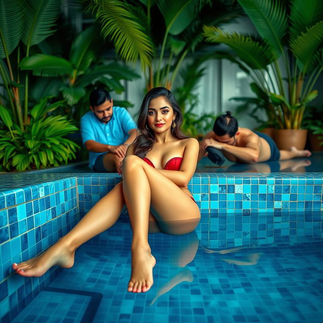A beautiful Pakistani girl with long legs, portrayed in a sensual yet artistic manner, reclining by the elegant blue tiles of a luxurious pool