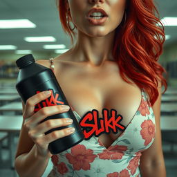 A close-up on the chest and torso of a stunning female with vibrant red hair, wearing a beautiful floral pattern sundress that accentuates her large chest and prominent cleavage