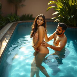 A sensual scene featuring a young, attractive Pakistani woman with long legs, set beside a serene pool