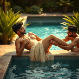 A sensuous scene featuring a young, attractive Pakistani woman with long legs, set beside a tranquil pool