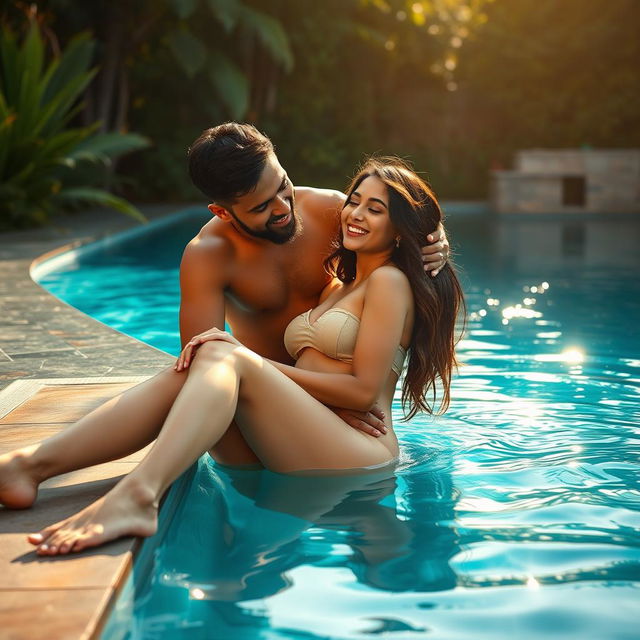 A sensuous scene featuring a young, attractive Pakistani woman with long legs, set beside a tranquil pool