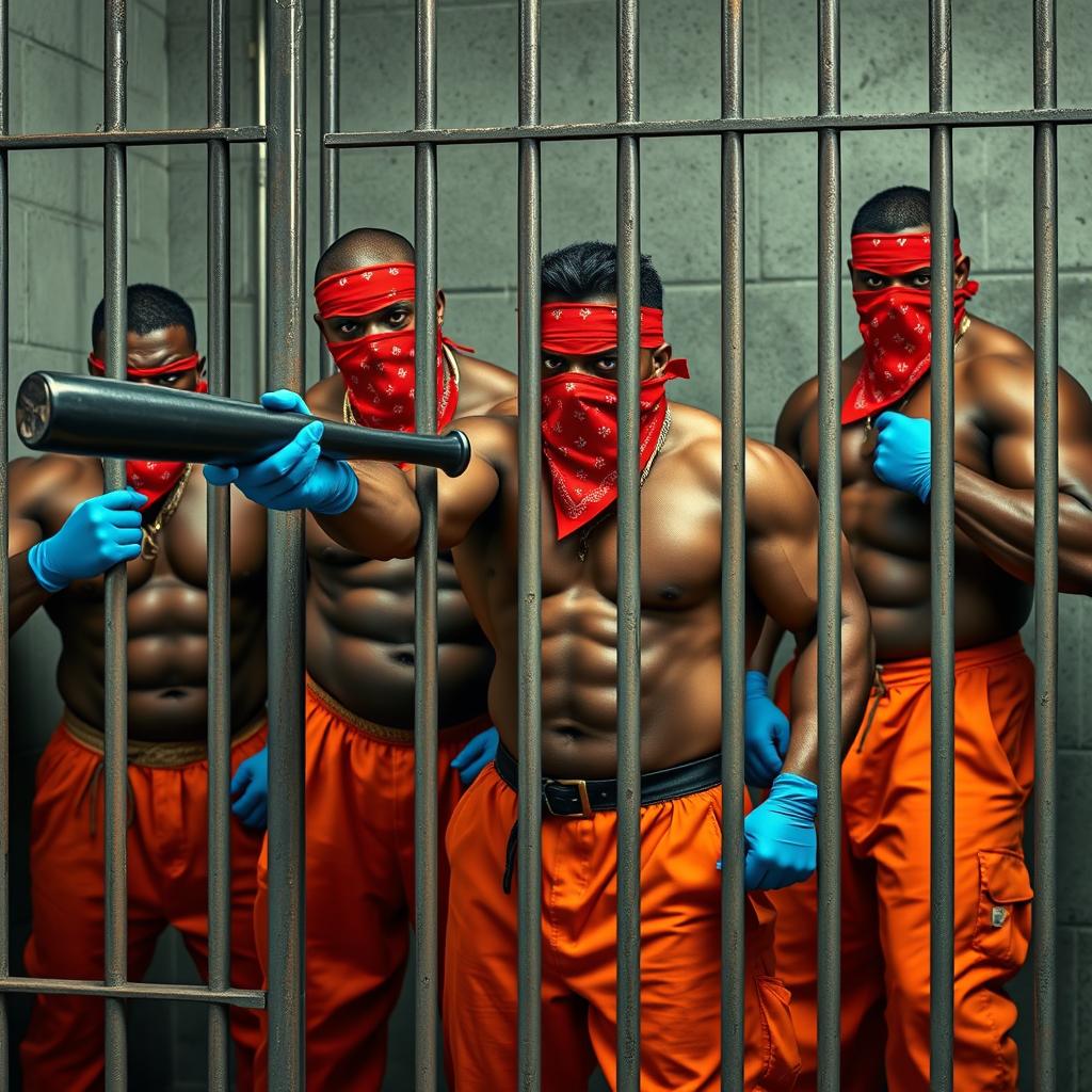 A scene set inside a jail cell featuring large muscular African American gang members