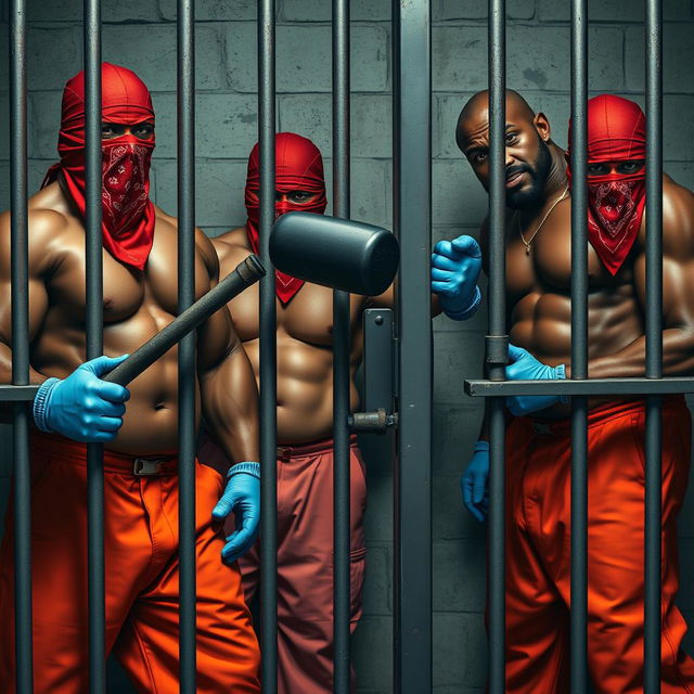 A scene set inside a jail cell featuring large muscular African American gang members