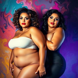 A stunning artistic portrayal of two voluptuous women, showcasing their curvy figures and confidence, surrounded by a vibrant and colorful abstract background