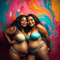 A stunning artistic portrayal of two voluptuous women, showcasing their curvy figures and confidence, surrounded by a vibrant and colorful abstract background