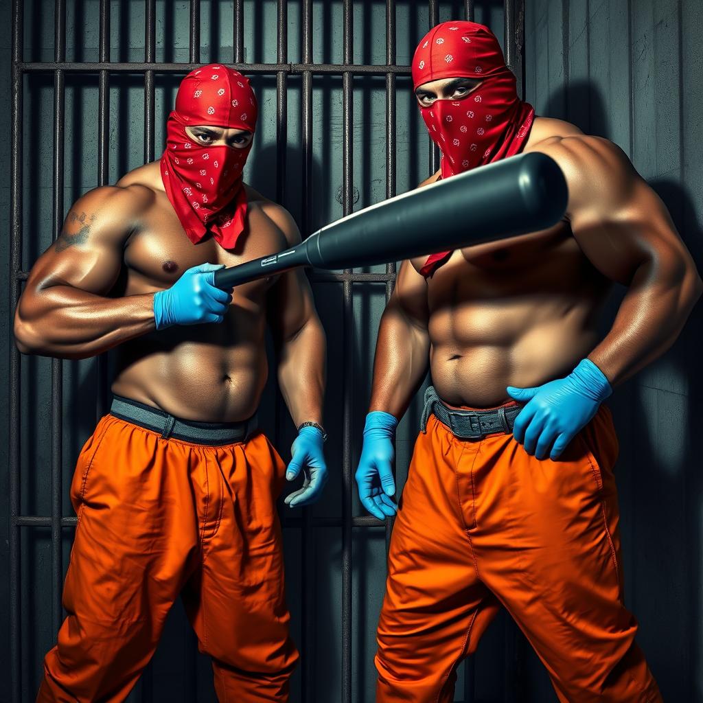 A tense scene in a dimly lit jail cell featuring large muscular African American gang members