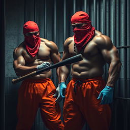 A tense scene in a dimly lit jail cell featuring large muscular African American gang members
