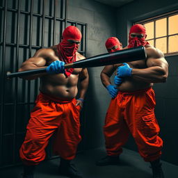 A tense scene in a dimly lit jail cell featuring large muscular African American gang members