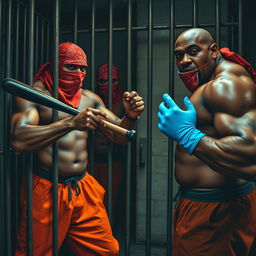 A tense scene featuring large muscular African American gang members inside a dimly lit jail cell