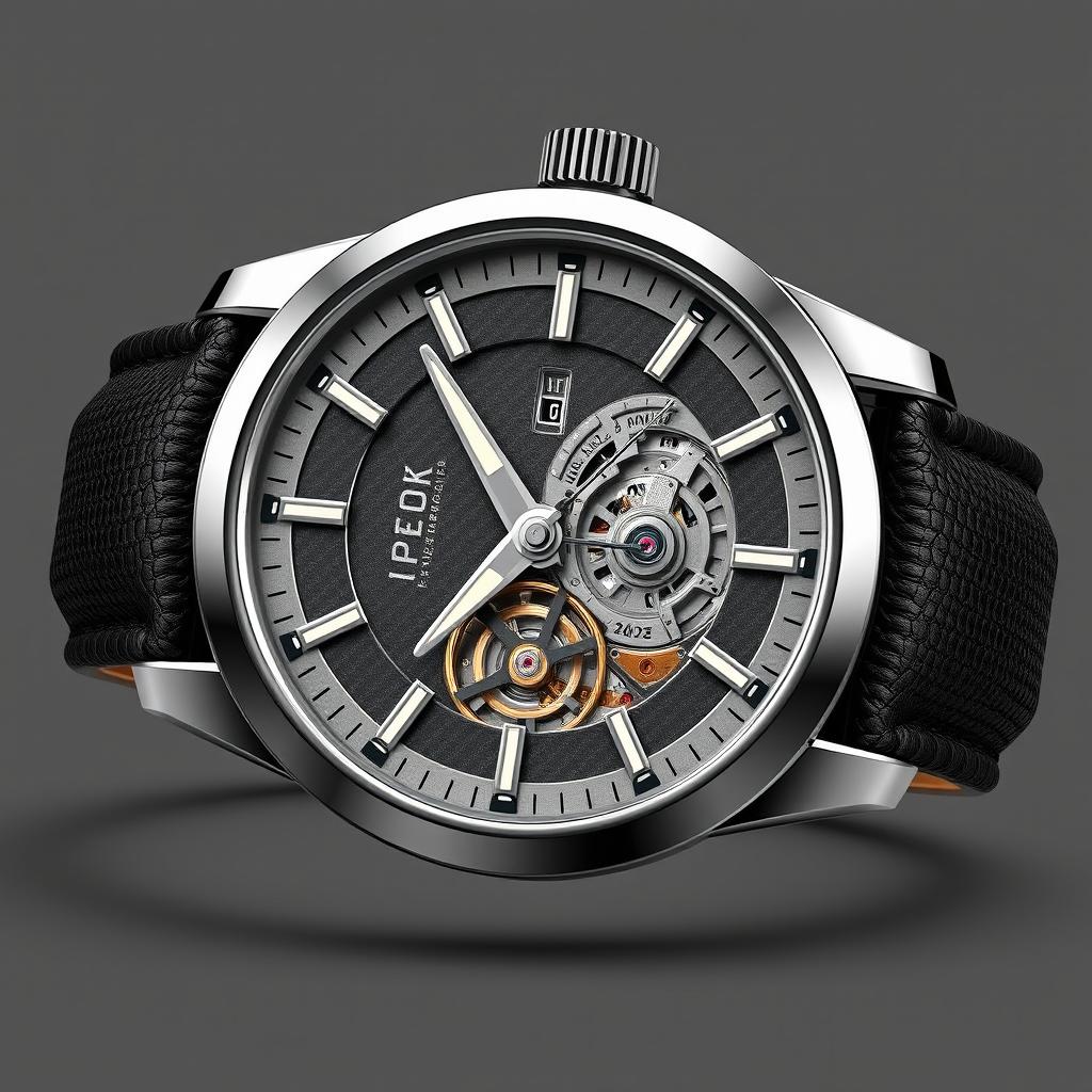 A sophisticated automatic watch design for men branded 'Cat Miller', featuring a sleek stainless steel case, a textured black leather strap, and a unique dial with luminous hour markers and a subtle date display