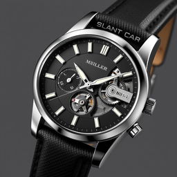 A sophisticated automatic watch design for men branded 'Cat Miller', featuring a sleek stainless steel case, a textured black leather strap, and a unique dial with luminous hour markers and a subtle date display