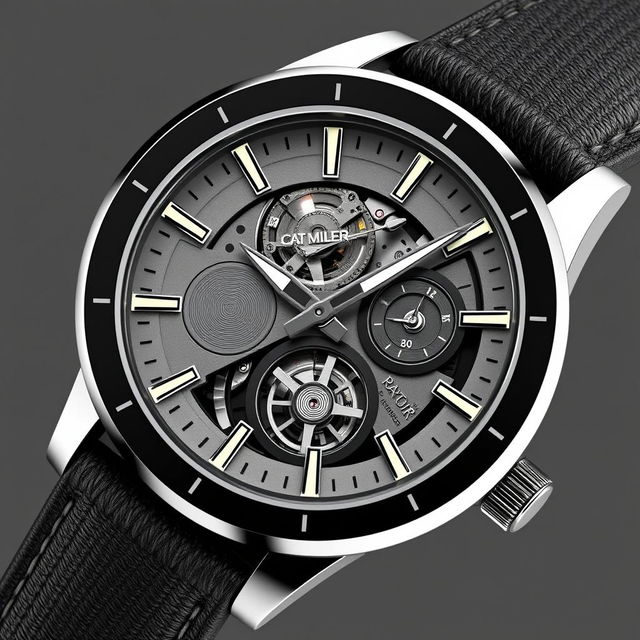 A sophisticated automatic watch design for men branded 'Cat Miller', featuring a sleek stainless steel case, a textured black leather strap, and a unique dial with luminous hour markers and a subtle date display