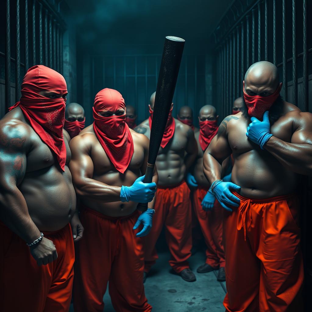 A group of large muscular African American gang members in a dimly lit jail cell