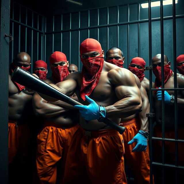 A group of large muscular African American gang members in a dimly lit jail cell