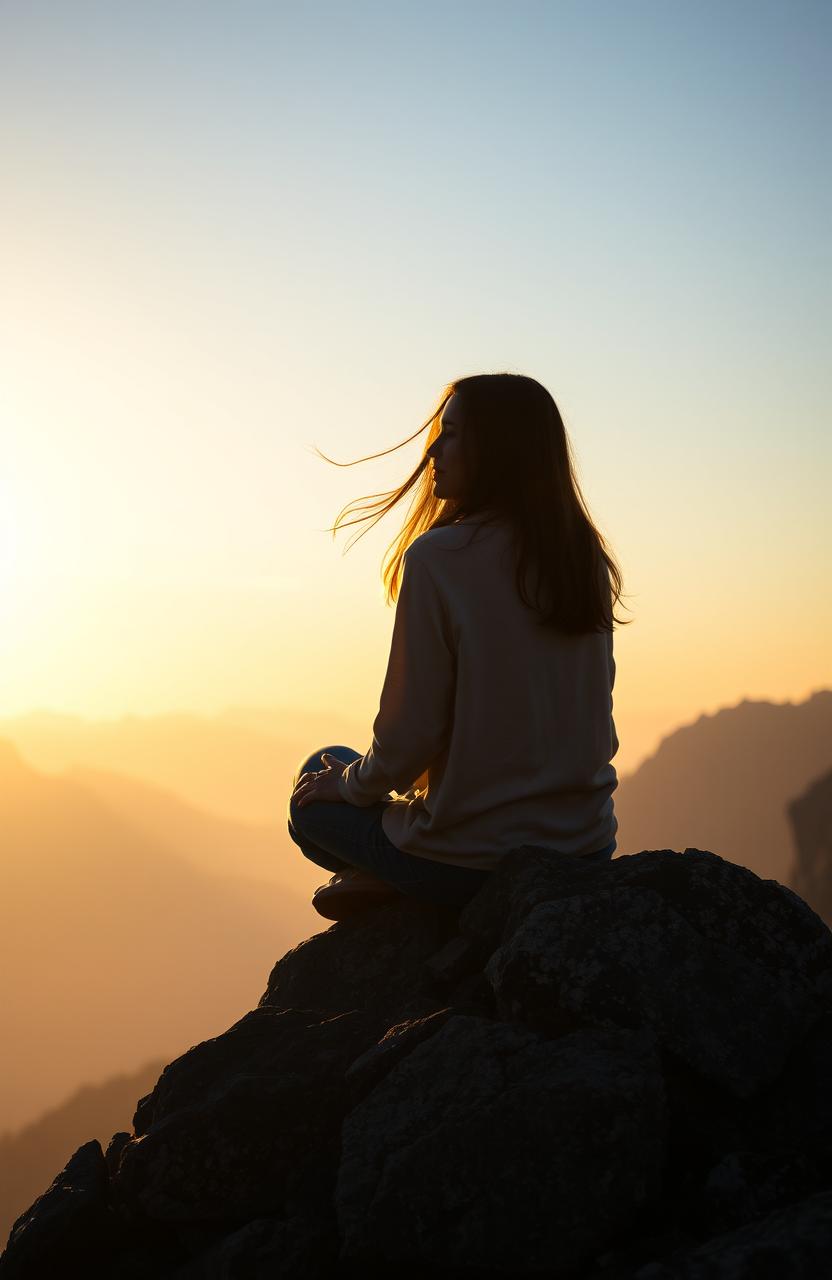 A serene and introspective scene depicting a person sitting cross-legged on a rocky mountain peak at sunrise, surrounded by soft, ethereal light