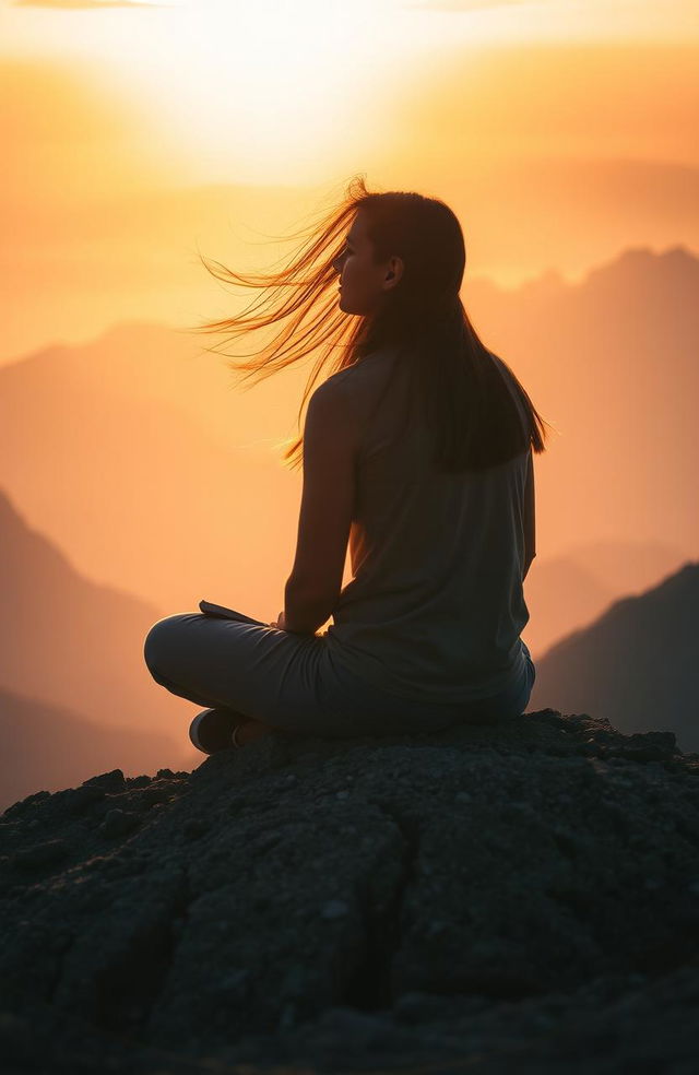 A serene and introspective scene depicting a person sitting cross-legged on a rocky mountain peak at sunrise, surrounded by soft, ethereal light