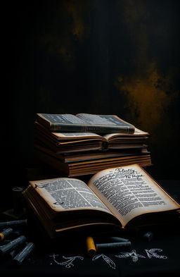 A richly textured scene featuring a deep black background highlighted with hints of darkish yellow