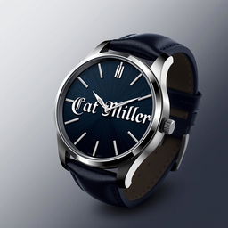 An elegant and sophisticated men's watch design featuring a sleek stainless steel case, a dark leather strap, and a minimalist dial with bold markers