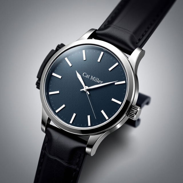 An elegant and sophisticated men's watch design featuring a sleek stainless steel case, a dark leather strap, and a minimalist dial with bold markers