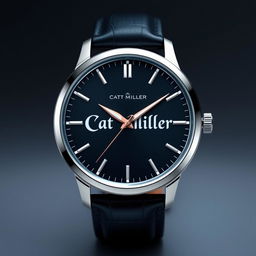 An elegant and sophisticated men's watch design featuring a sleek stainless steel case, a dark leather strap, and a minimalist dial with bold markers