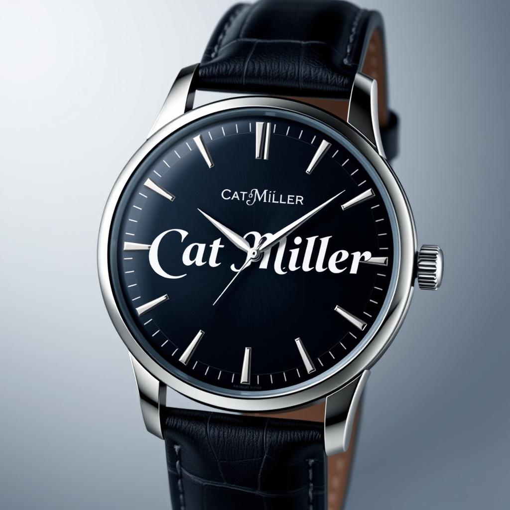 An elegant and sophisticated men's watch design featuring a sleek stainless steel case, a dark leather strap, and a minimalist dial with bold markers