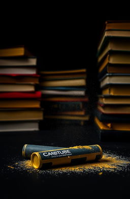 A creative composition featuring a predominantly black scene with hints of darkish yellow
