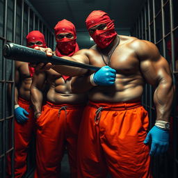Large muscular African American gang members in a dimly lit jail cell, wearing red bandana masks over their noses and mouths