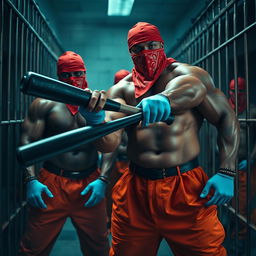 Large muscular African American gang members in a dimly lit jail cell, wearing red bandana masks over their noses and mouths