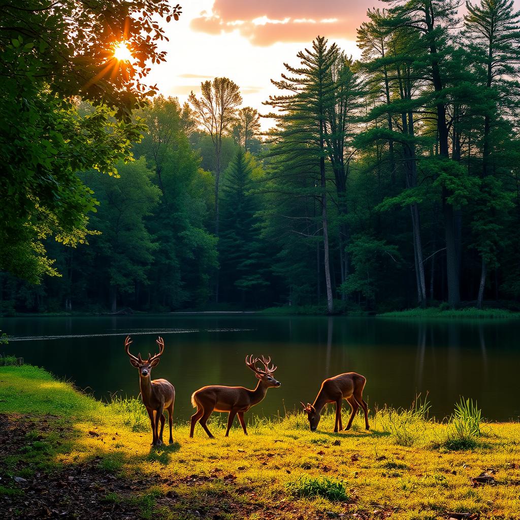 A lush forest during the golden hour, with sunlight filtering through the leaves, casting dappled shadows on the forest floor