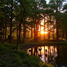 A lush forest during the golden hour, with sunlight filtering through the leaves, casting dappled shadows on the forest floor