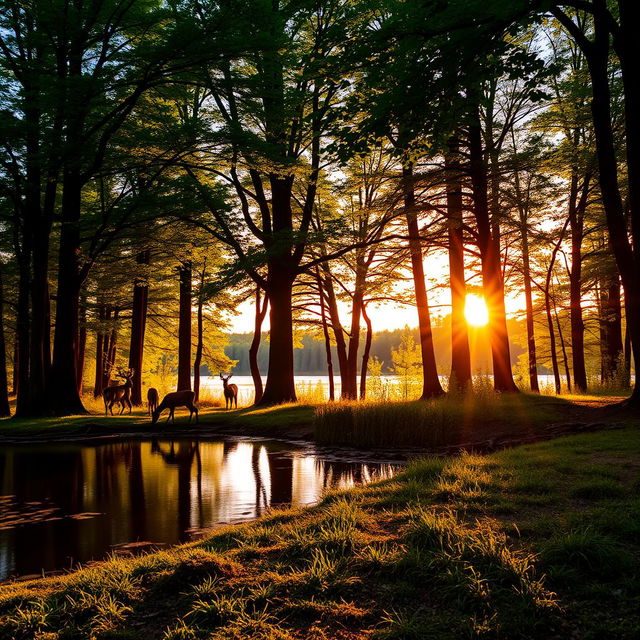 A lush forest during the golden hour, with sunlight filtering through the leaves, casting dappled shadows on the forest floor