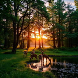 A lush forest during the golden hour, with sunlight filtering through the leaves, casting dappled shadows on the forest floor
