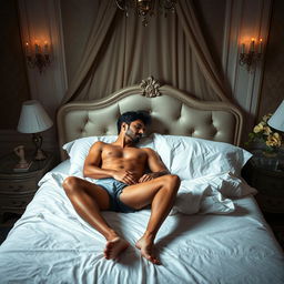 A passionate and intimate scene in a beautifully decorated bedroom, featuring a naked Indian man and an 18-year-old Indian woman