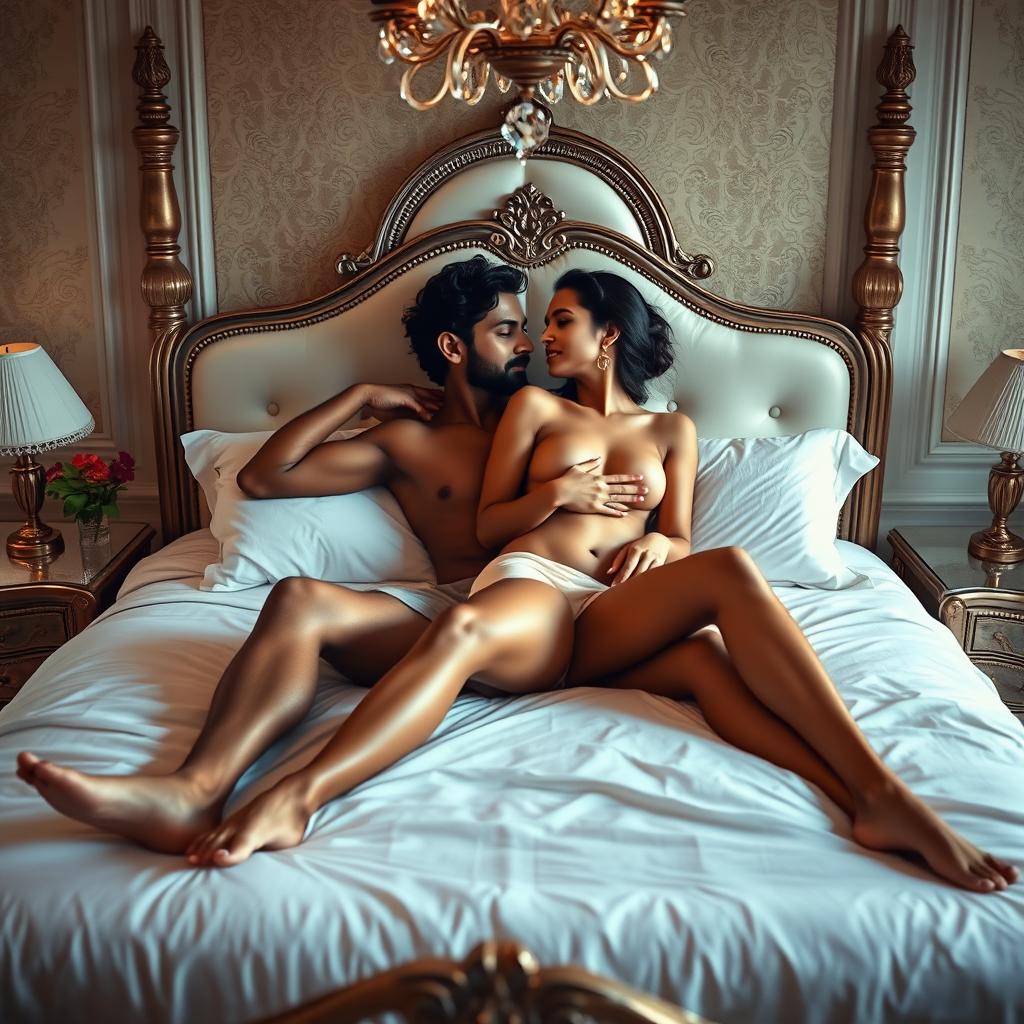 A passionate and intimate scene in a beautifully decorated bedroom, featuring a naked Indian man and an 18-year-old Indian woman