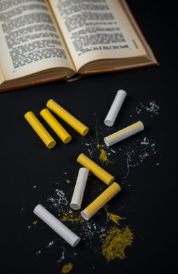 A visually striking composition featuring a black surface contrasted with dark yellow and white chalk, artistically arranged