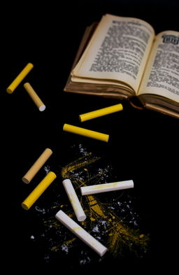 A visually striking composition featuring a black surface contrasted with dark yellow and white chalk, artistically arranged