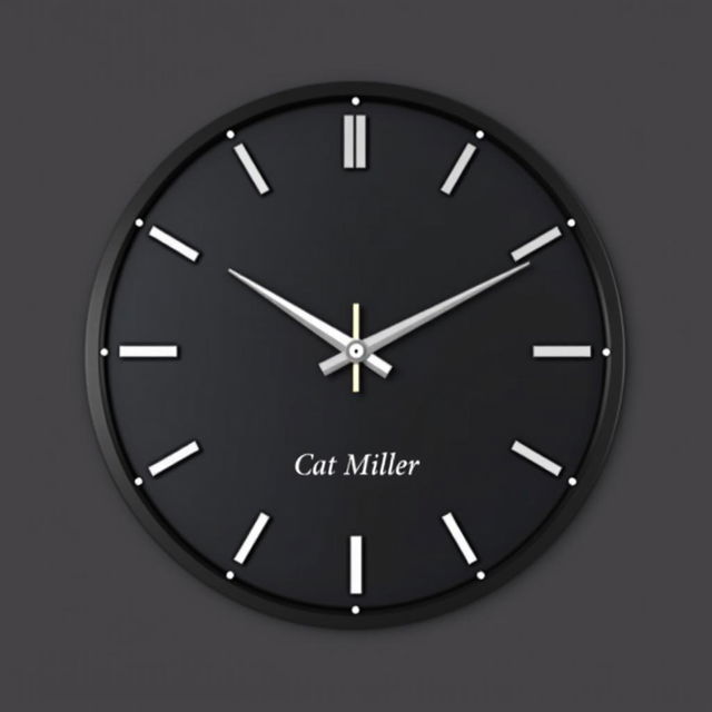 A stylish wall clock design branded 'Cat Miller' aimed at men