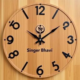A sophisticated wooden wall clock design featuring the brand name 'Singer Bhavi' prominently displayed along with its logo