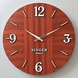 A stylish wooden wall clock design for men, featuring the brand name 'Singer Bhavi' along with the iconic Singer logo